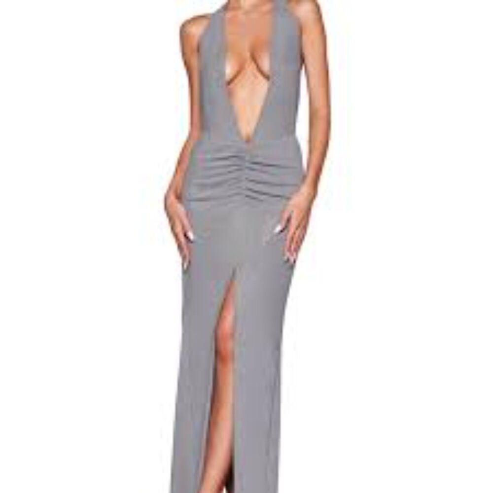 I.AM.GIA Jana Ruched Halter Maxi Dress Grey Sexy S Deep Plunge Y2K Rave Party